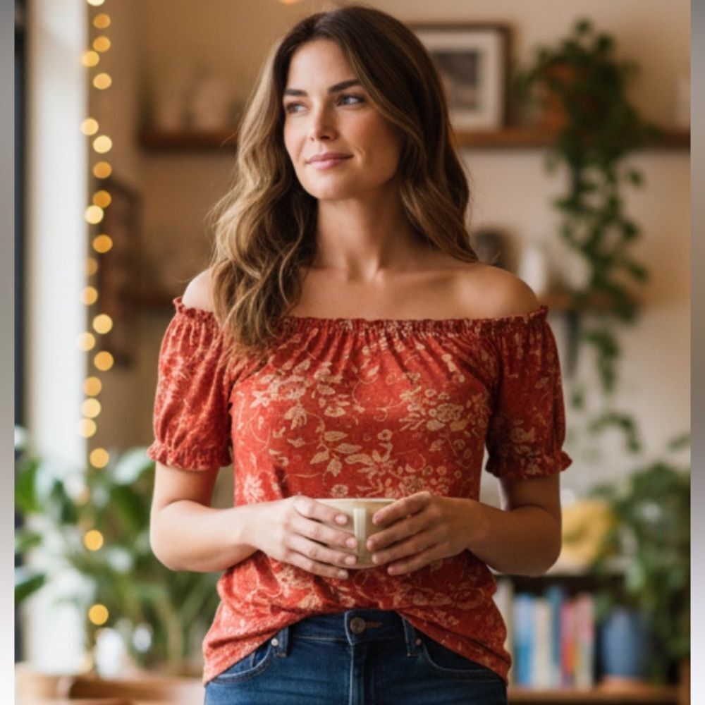 RANCHO ESTANCIA, medium blouse, great condition,  low neck w/elastic